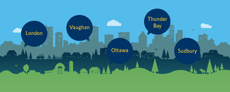 Regional Electricity Forums Illustration Banner Regional Electricity Forums banner with an illustration of rural, suburban and urban landscapes and the name of four cities listed above it: London, Ottawa, Thunder Bay and Sudbury.