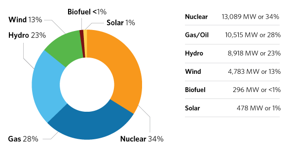 Nuclear 34%, Gas/Oil 28%, Hydro 23%, Wind 13%, Biofuel less than 1%, Solar less than 1%